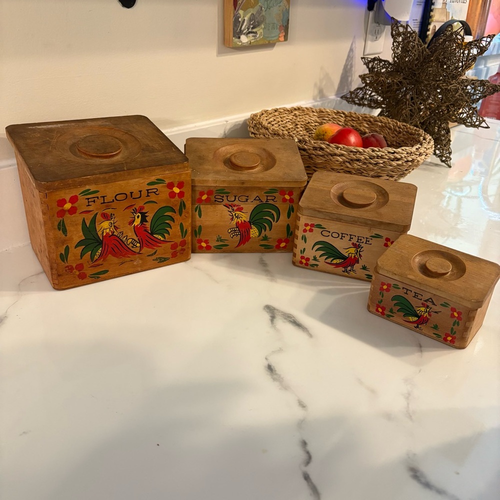 Vintage Wooden Rooster Nesting Kitchen Canister Set